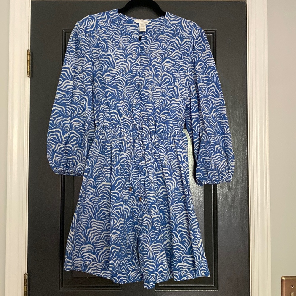 H&M Short linen-blend Dress in Blue/patterned